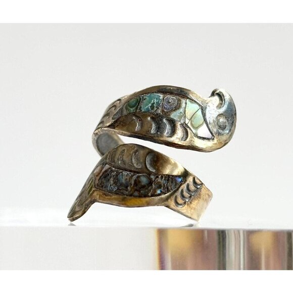 Vintage Jewelry - Abalone Sterling Silver Parrot Figural Mexican Adjustable Vintage Ring - sz 5